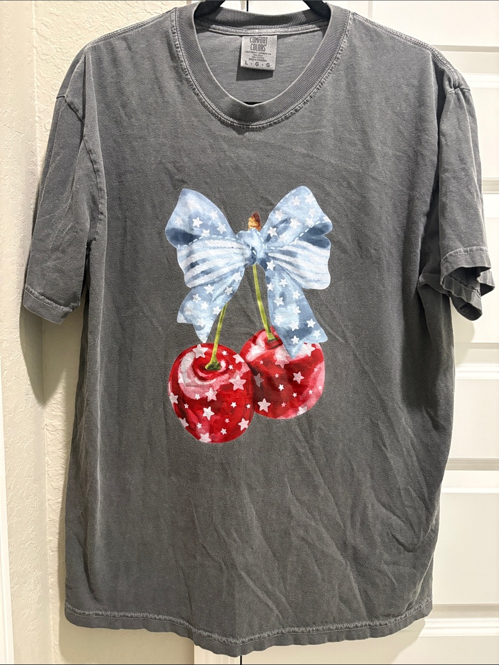 Comfort Colors Kids Gray Tee with Red Cherry & Light Blue Bow Graphic